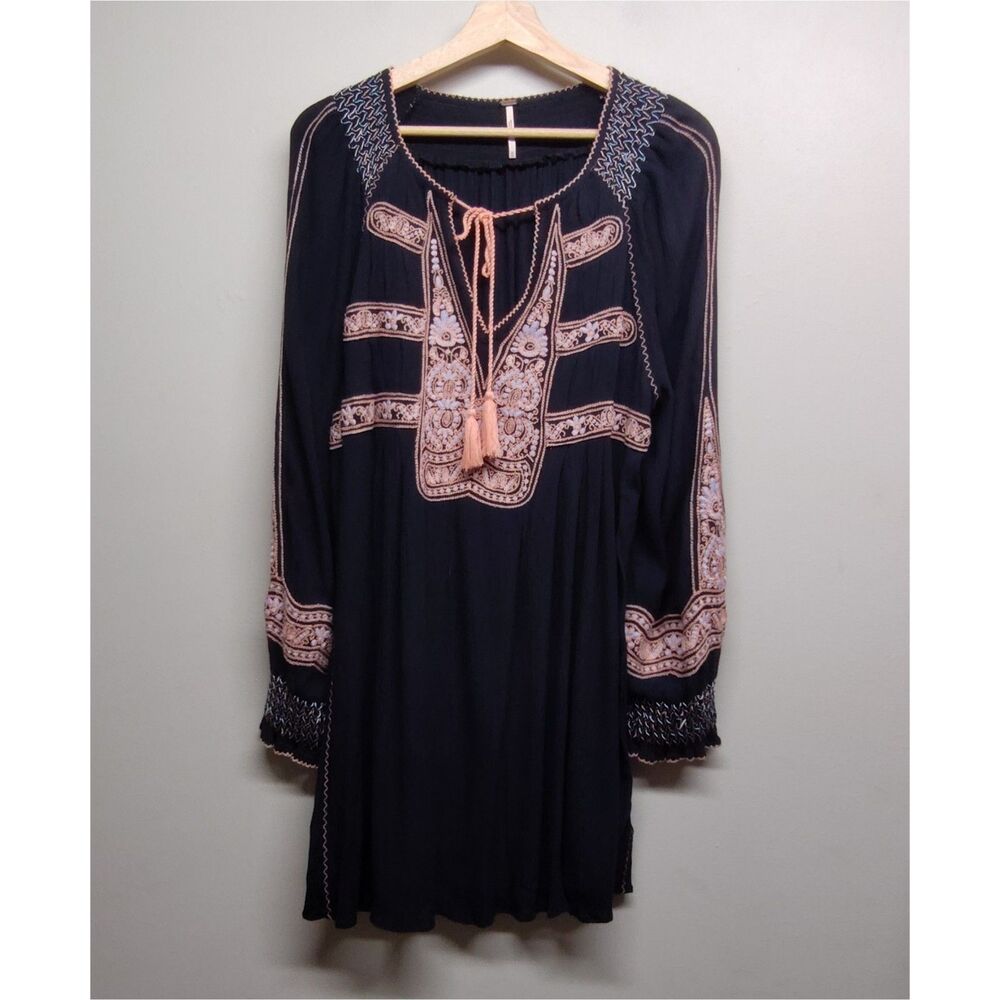 Free People Mini Dress Women M Black Pink Long Sleeve Boho-Chic Peasant Festival